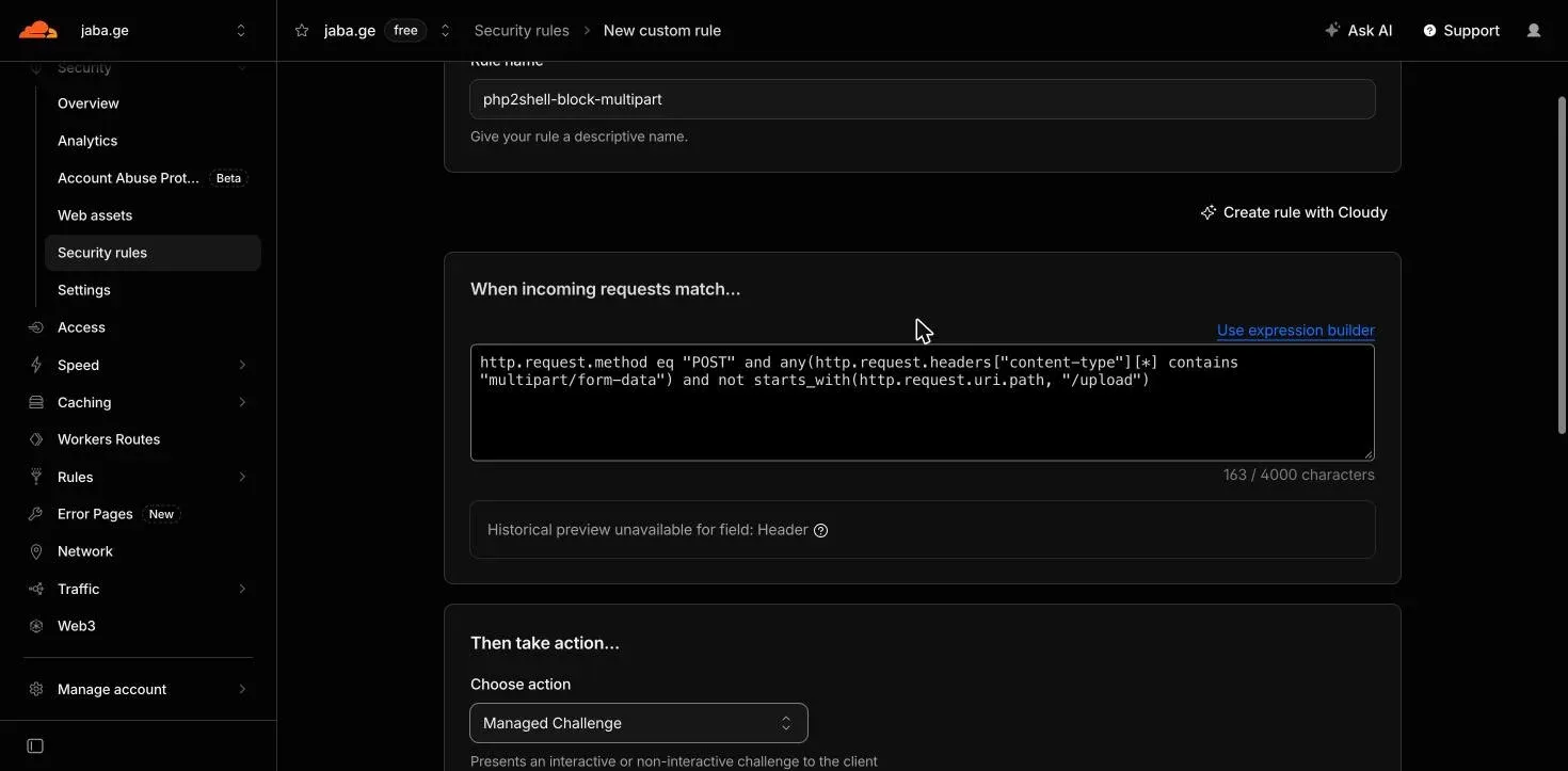 Custom rule editor with the multipart expression and the action set to Managed Challenge
