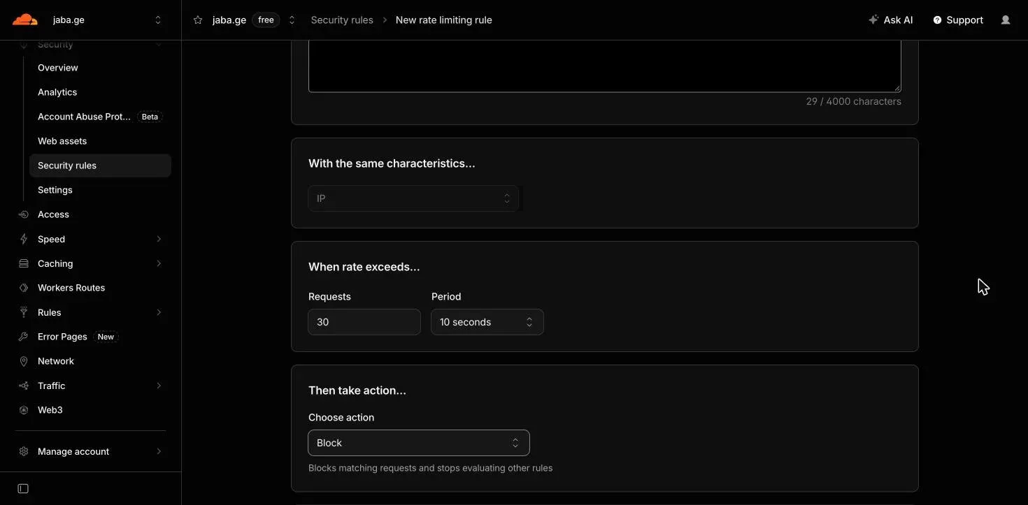 Rate limiting rule: expression http.request.method eq POST, same IP, 30 requests per 10 seconds, action Block