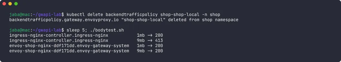Terminal: after deleting the BackendTrafficPolicy, ingress-nginx still returns 413 for 9 MB but Envoy Gateway returns 200