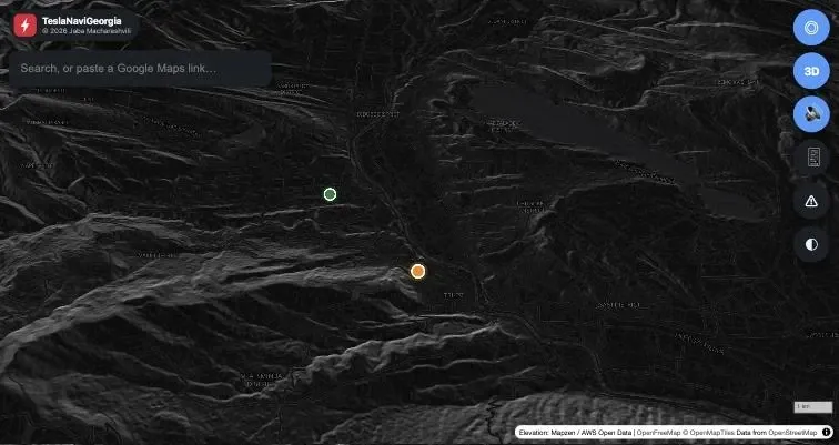 The map, with terrain, running in the car browser