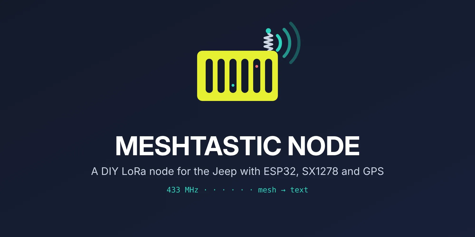 A yellow slotted box with a spring antenna sending radio waves, titled Meshtastic Node