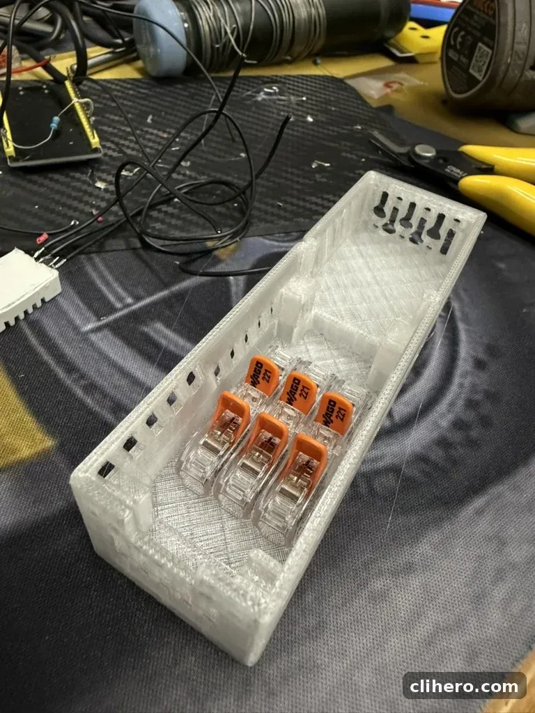 Three WAGO 221 connectors in the printed enclosure