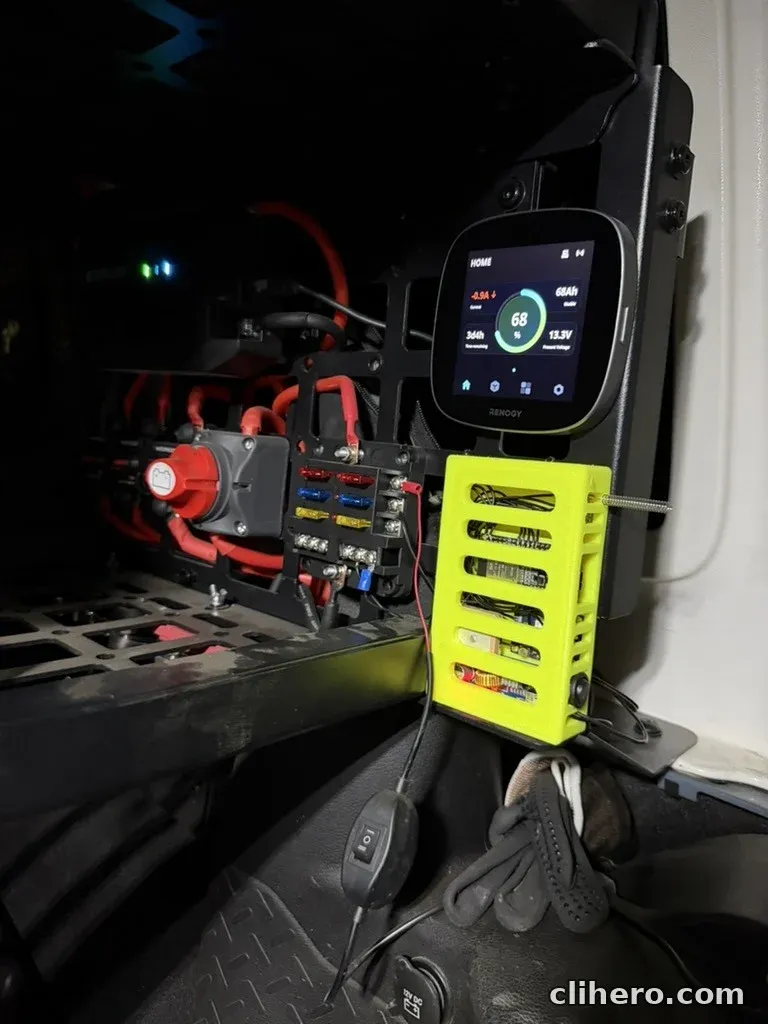 The finished Meshtastic node in its yellow printed case, mounted on the Jeep's rear power panel below the Renogy ONE Core display and next to the fuse block